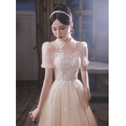Short-Sleeve Mesh A-Line Evening Gown / Midi Evening Dress