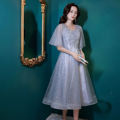 Short-Sleeve V-Neck Sequin Mesh Midi A-Line Evening Dress