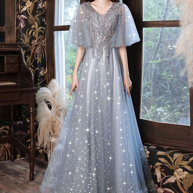 Short-Sleeve V-Neck Sequin Mesh Midi A-Line Evening Dress