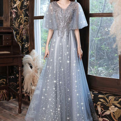 Short-Sleeve V-Neck Sequin Mesh Midi A-Line Evening Dress