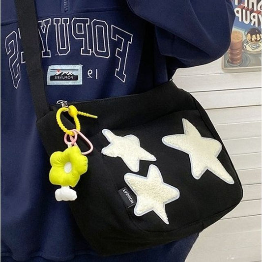 Star Applique Color Block Light Nylon Zipper Crossbody Bag