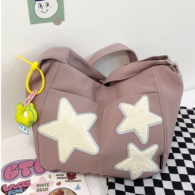 Sac à bandoulière léger en nylon avec fermeture éclair et blocs de couleurs appliqués en étoile