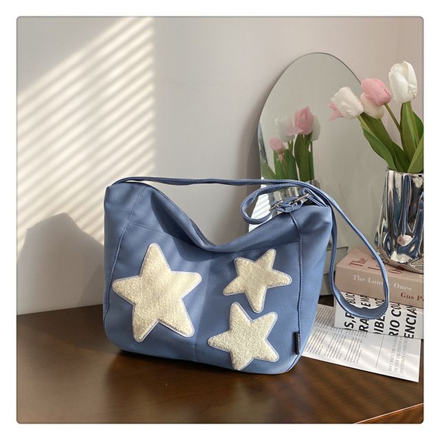 Star Applique Color Block Light Nylon Zipper Crossbody Bag