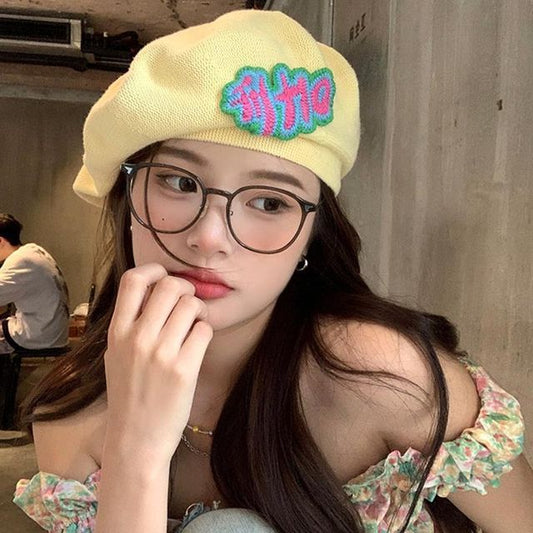 Lettering Embroidered Knit Beret