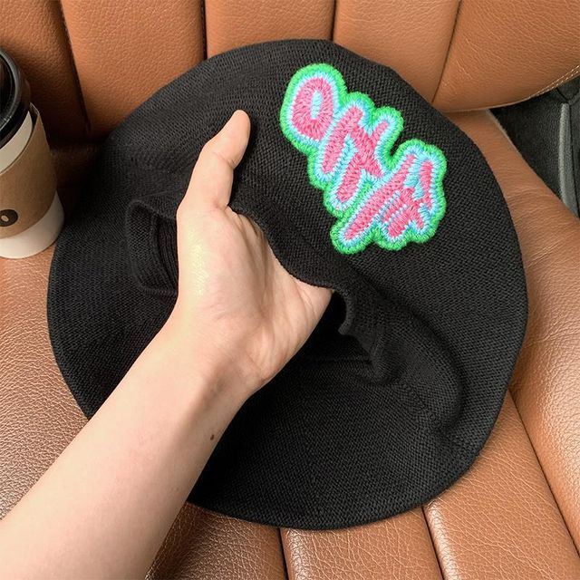 Lettering Embroidered Knit Beret