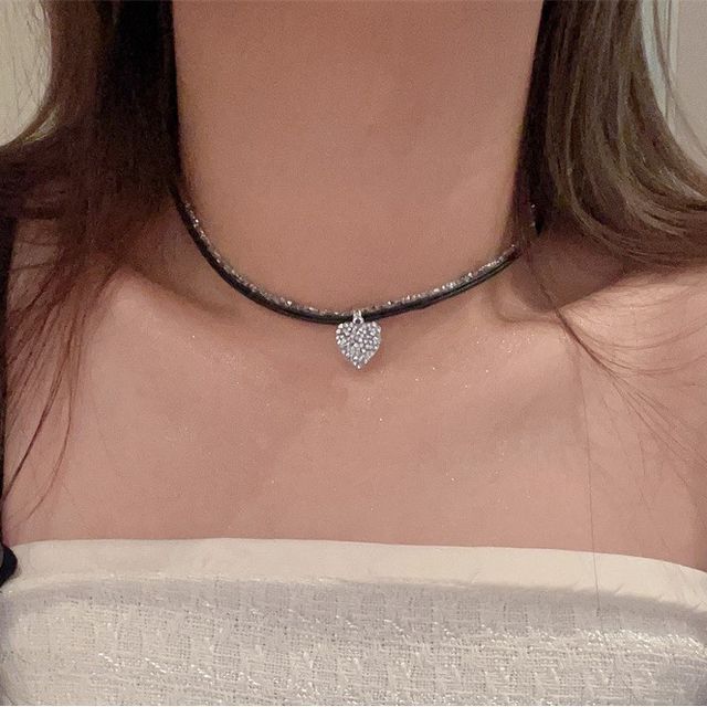 Rhinestone Heart Faux Leather Cord Necklace
