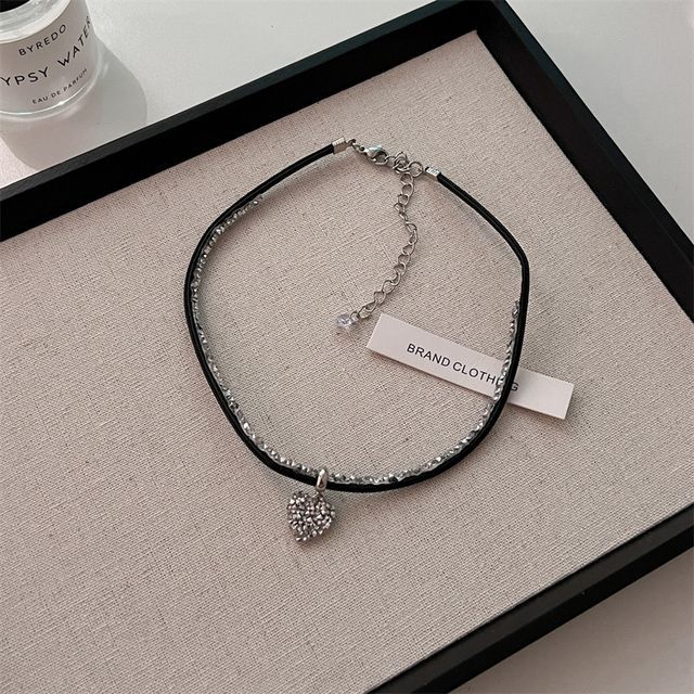 Rhinestone Heart Faux Leather Cord Necklace