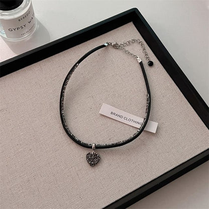 Rhinestone Heart Faux Leather Cord Necklace
