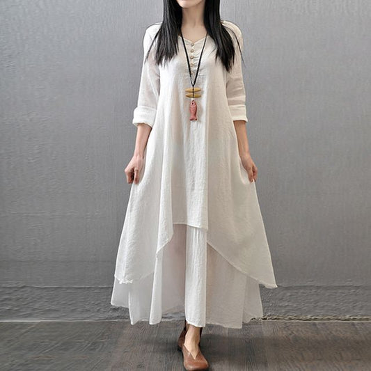 V-Neck Long Sleeve Asymmetrical A-Line Maxi