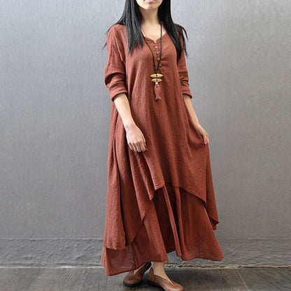 V-Neck Long Sleeve Asymmetrical A-Line Maxi