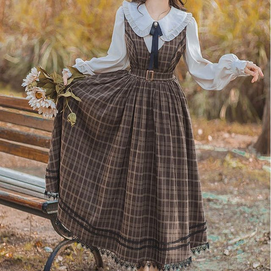 Long-Sleeve Plain Blouse / Sleeveless Plaid Midi A-Line Dress / Tie / Set