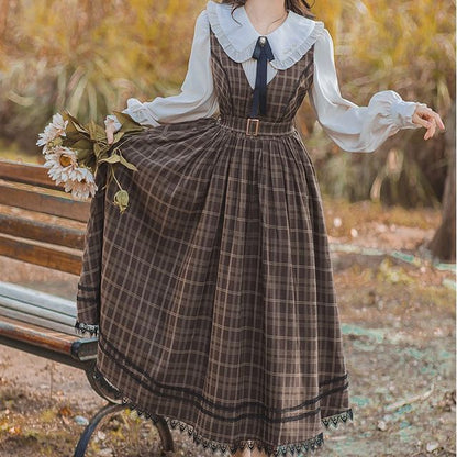 Long-Sleeve Plain Blouse / Sleeveless Plaid Midi A-Line Dress / Tie / Set