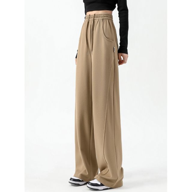 High Waist Plain Pocketed Drawstring Wide Leg Sweatpants