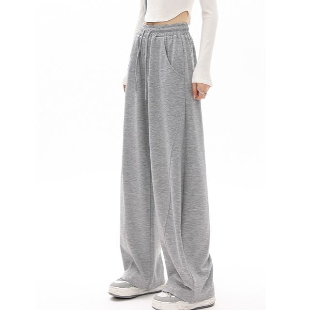 High Waist Plain Pocketed Drawstring Wide Leg Sweatpants