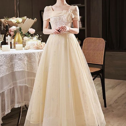 Gown Evening A-Line Mesh Neck Square Short-Sleeve