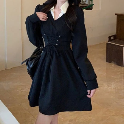 Mock Two-Piece Puff-Sleeve Contrast Collar Lace-Up Mini A-Line Dress