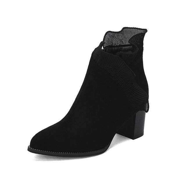 Ruffle Trim Chunky Heel Ankle Boots