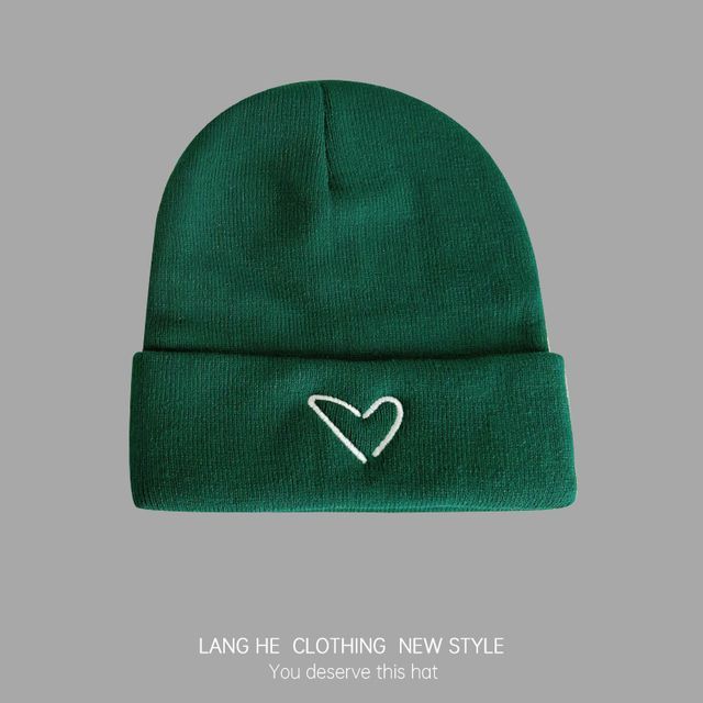 Heart Embroidered Knit Beanie