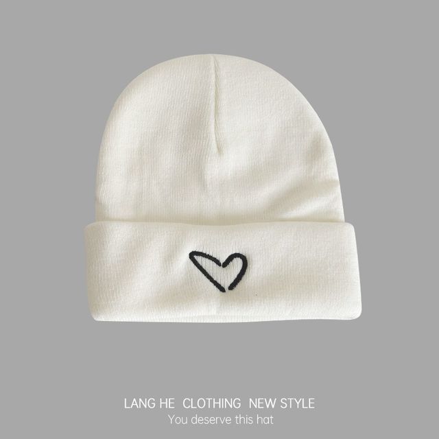 Heart Embroidered Knit Beanie