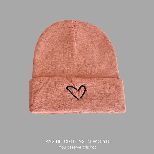 Heart Embroidered Knit Beanie