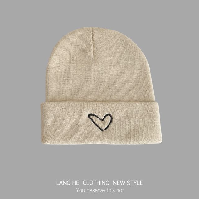 Heart Embroidered Knit Beanie