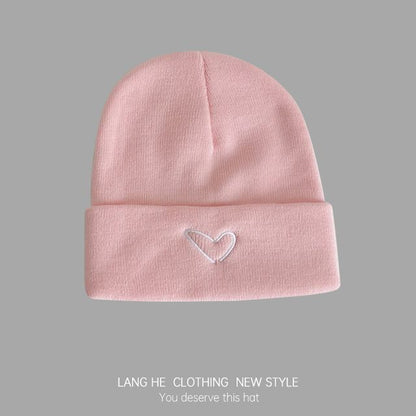 Heart Embroidered Knit Beanie