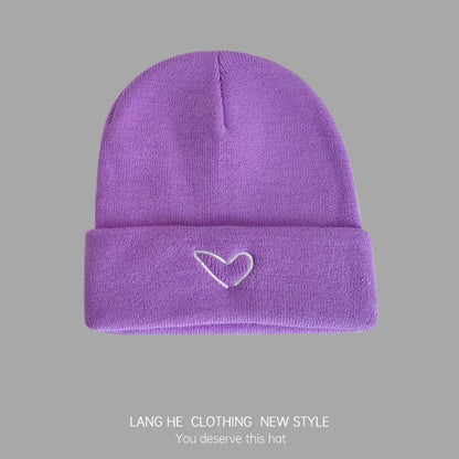 Heart Embroidered Knit Beanie