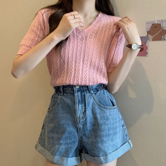 Top Crochet V-Neck Knit Short-Sleeve