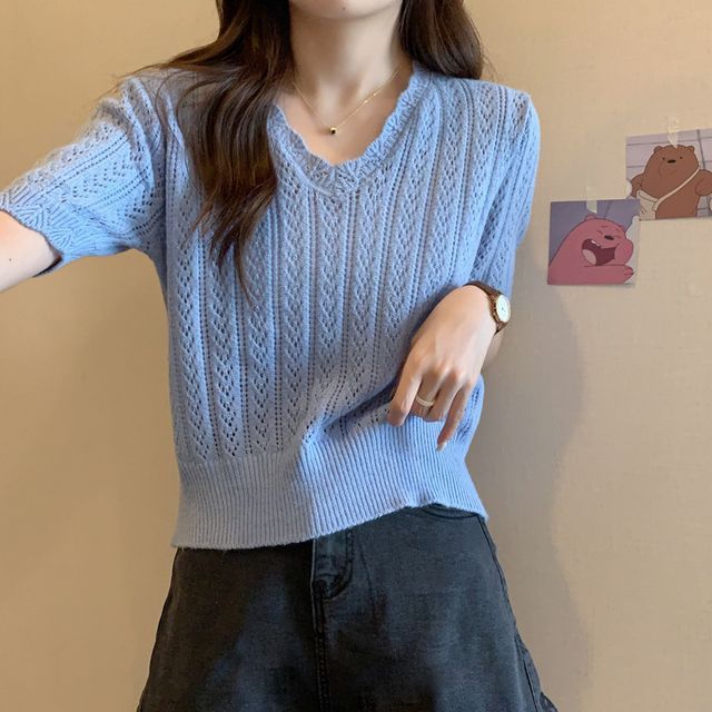 Top Crochet V-Neck Knit Short-Sleeve