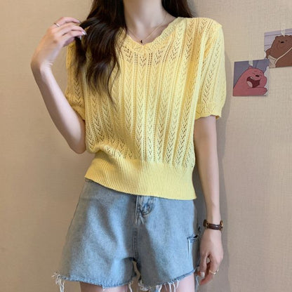 Top Crochet V-Neck Knit Short-Sleeve