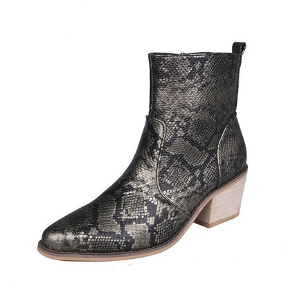 Snakeskin Print Chunky Heel Short Boots