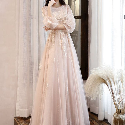 Long-Sleeve Crew Neck Mesh A-Line Evening Gown