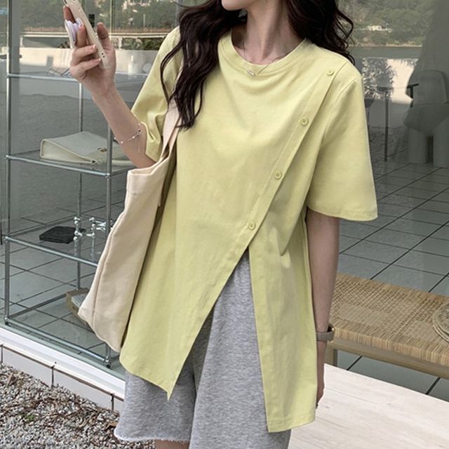 Short-Sleeve Crew Neck Plain Side-Slit Tee