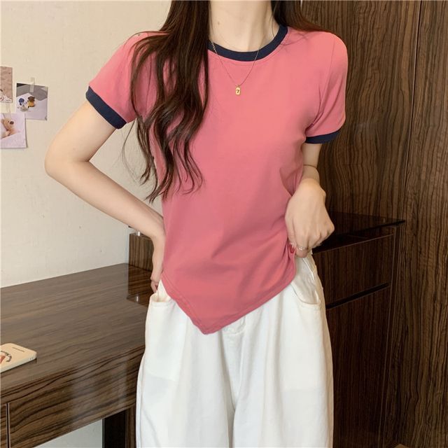 Short-Sleeve Crew Neck Plain Contrast Trim Asymmetrical Tee