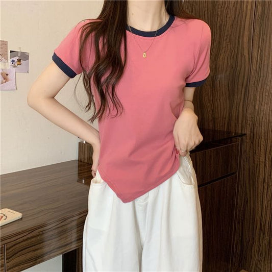Short-Sleeve Crew Neck Plain Contrast Trim Asymmetrical Tee