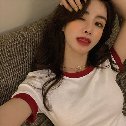 Short-Sleeve Crew Neck Plain Contrast Trim Cropped Tee