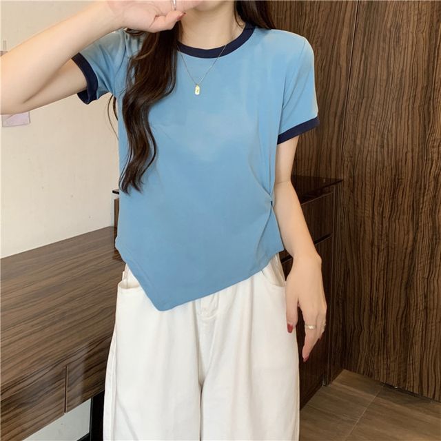Short-Sleeve Crew Neck Plain Contrast Trim Asymmetrical Tee