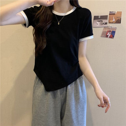 Short-Sleeve Crew Neck Plain Contrast Trim Asymmetrical Tee