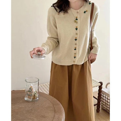 Neck Crew Plain Floral Cardigan