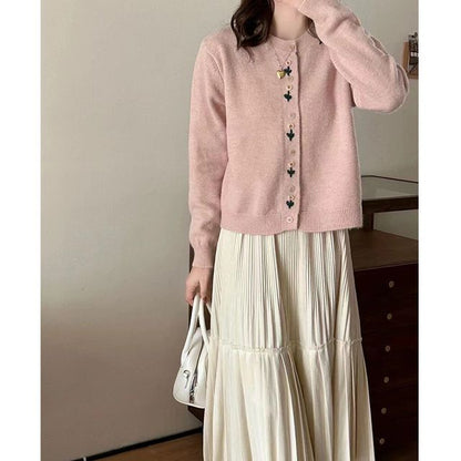 Neck Crew Plain Floral Cardigan