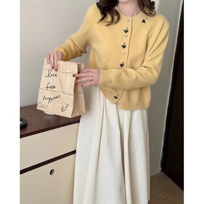 Neck Crew Plain Floral Cardigan