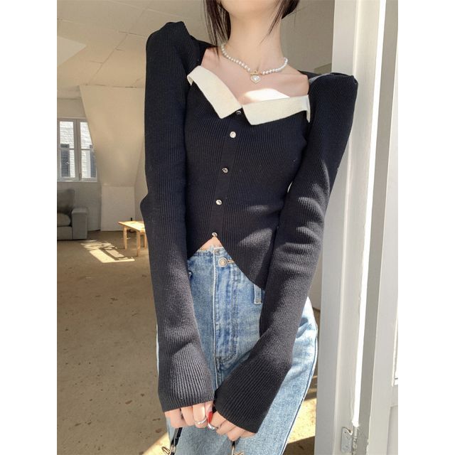 Puff-Sleeve Knit Top Slim-Fit Square-Neck