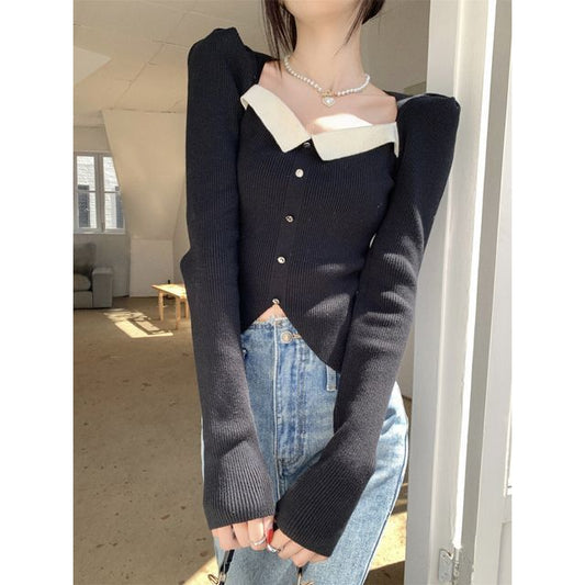 Puff-Sleeve Knit Top Slim-Fit Square-Neck