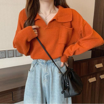 Sweater Loose-Fit Plain V-Neck