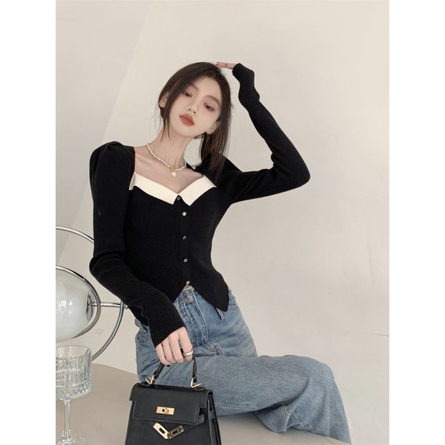 Puff-Sleeve Knit Top Slim-Fit Square-Neck