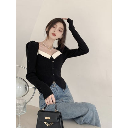 Puff-Sleeve Knit Top Slim-Fit Square-Neck