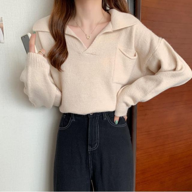 Sweater Loose-Fit Plain V-Neck
