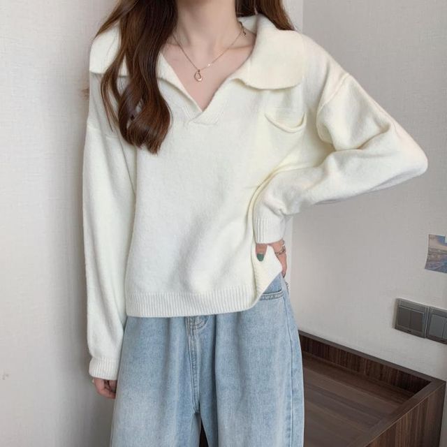 Sweater Loose-Fit Plain V-Neck