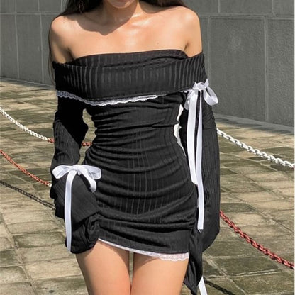 Long-Sleeve Off Shoulder Lace Trim Ribbon Accent Striped Mini Bodycon Dress