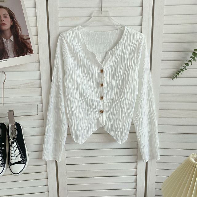 Long-Sleeve Plain Shirred Button-Up Blouse